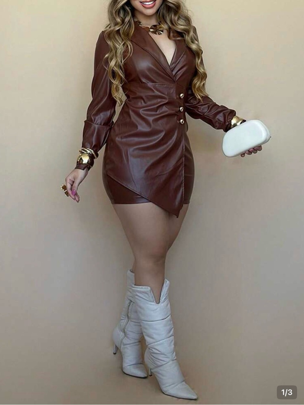 chic Rosewood Faux-Leather Wrap Blazer Jacket with Gold Buttons
